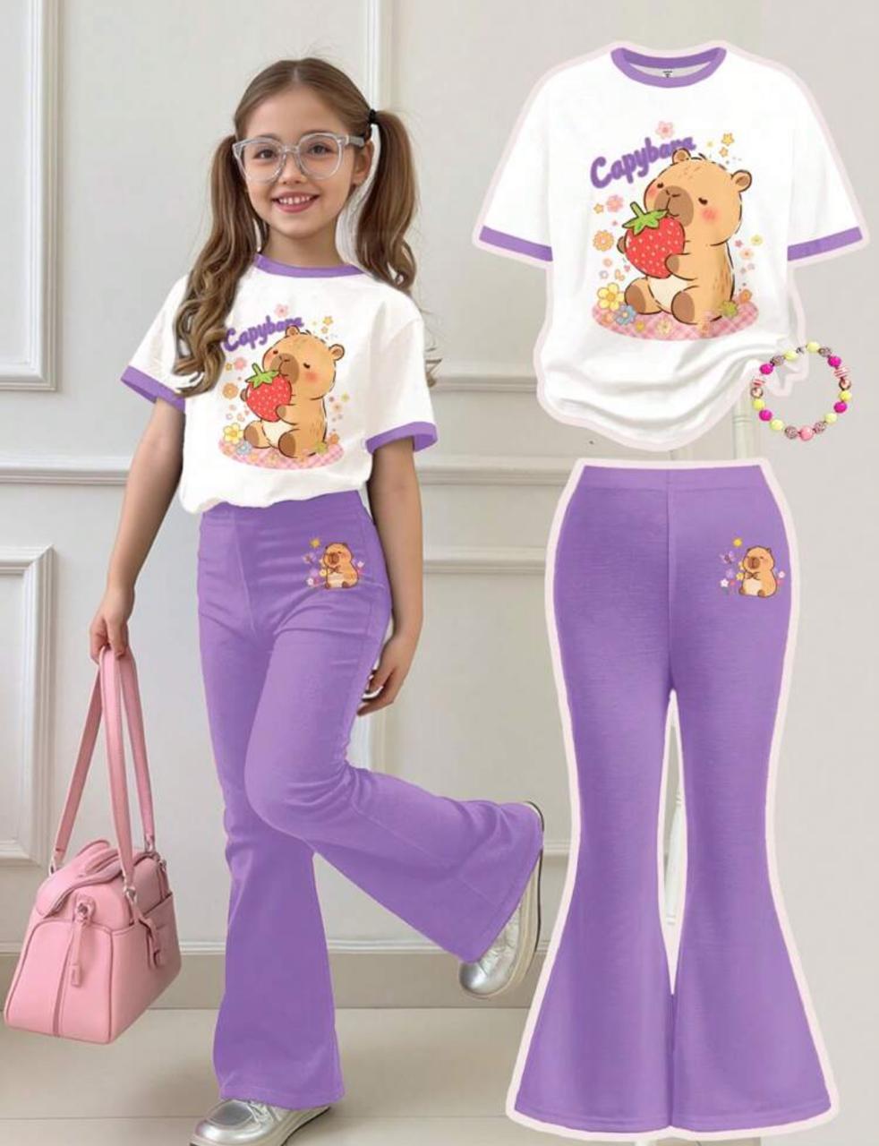 Girls’ Capybara &amp; Strawberry T-Shirt with Flared Pants – 2-Piece Summer Set