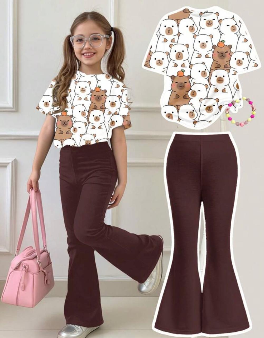 Girls’ Capybara &amp; Strawberry T-Shirt with Flared Pants – 2-Piece Summer Set