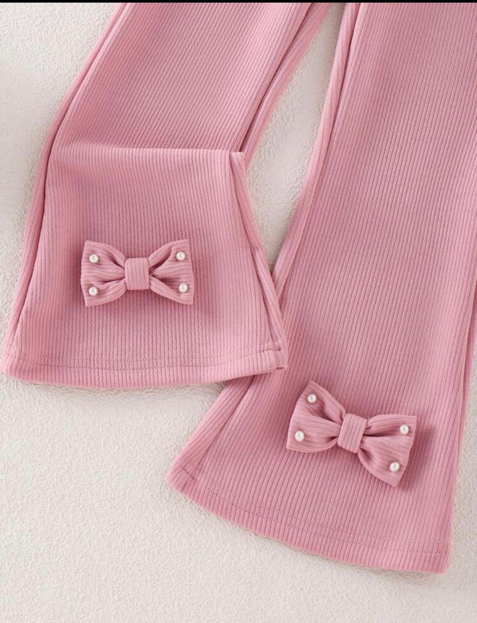 Girls’ 2-Piece Summer Outfit – Pink Short Sleeve Top &amp; Flared Pearl Shorts