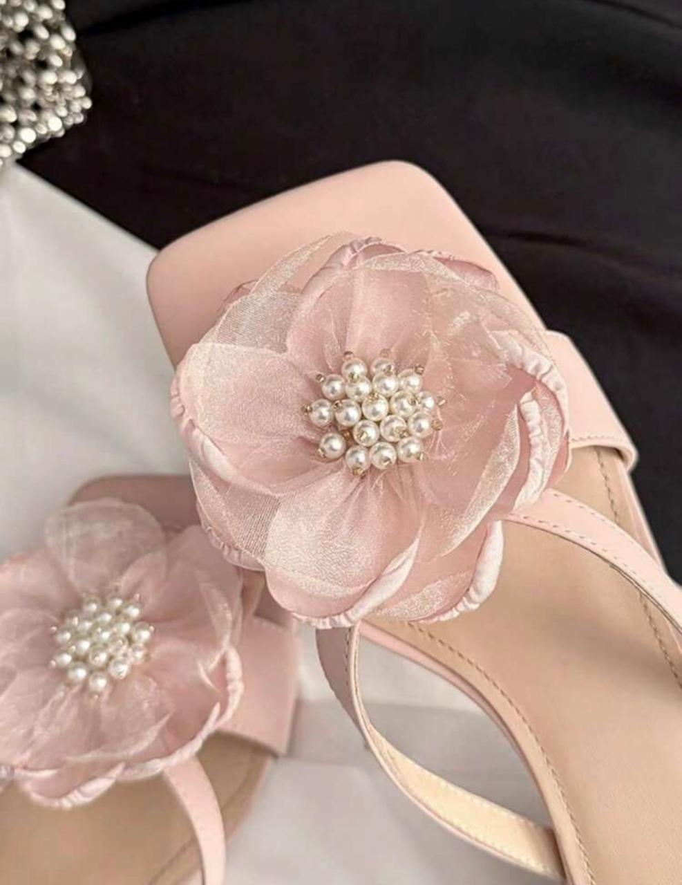 Women’s Faux Pearl Floral Strap Sandals – French Thick Heel Summer Shoes