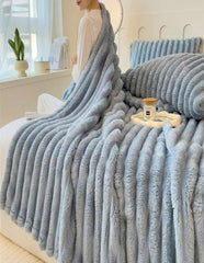 Thick Stripe Faux Rabbit Fur Throw Blanket – Soft Flannel Nap Blanket