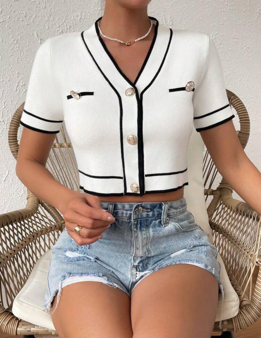 Firerie Plus Size Color Block Knit Top – V-Neck Cropped Short Sleeve