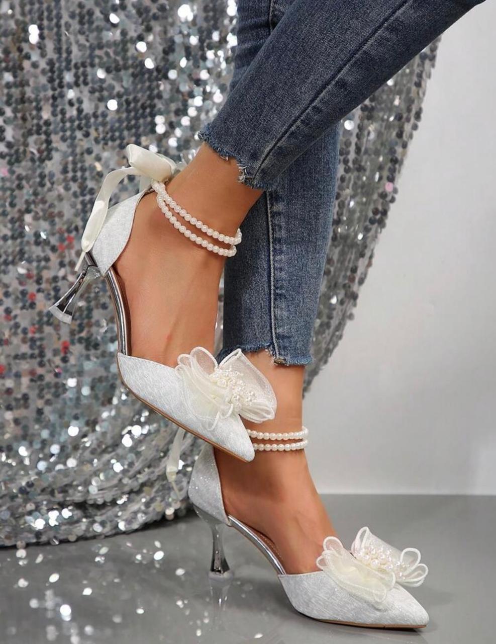 Women’s Ankle Strap Pumps with Pearl & Bow Decor