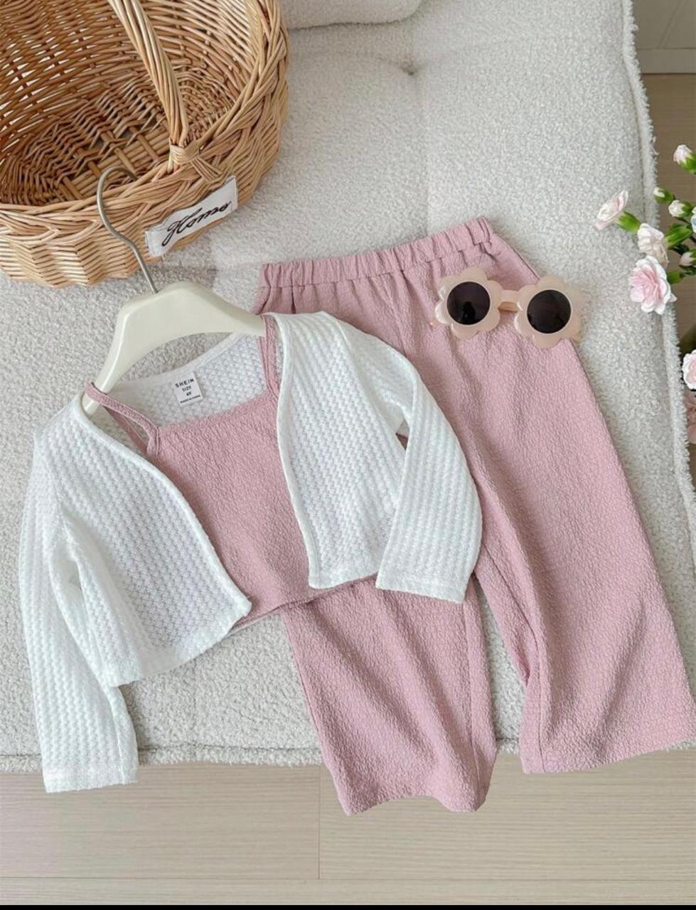 LMoss Kids 3-Piece Set – Solid Color Cardigan & Loose Fit Pants, Girls’ Spring Outfit