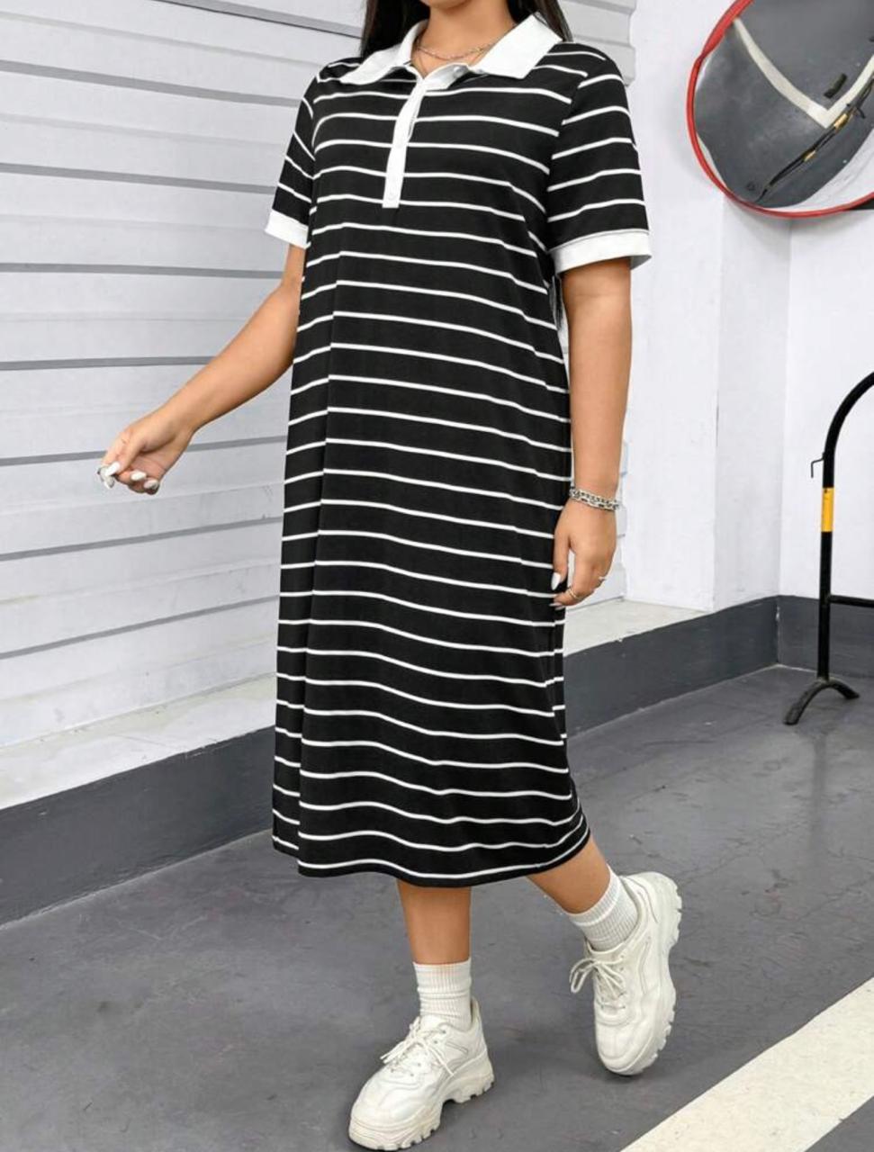 Plus Size Striped Polo Collar Dress | SHEIN Essnce