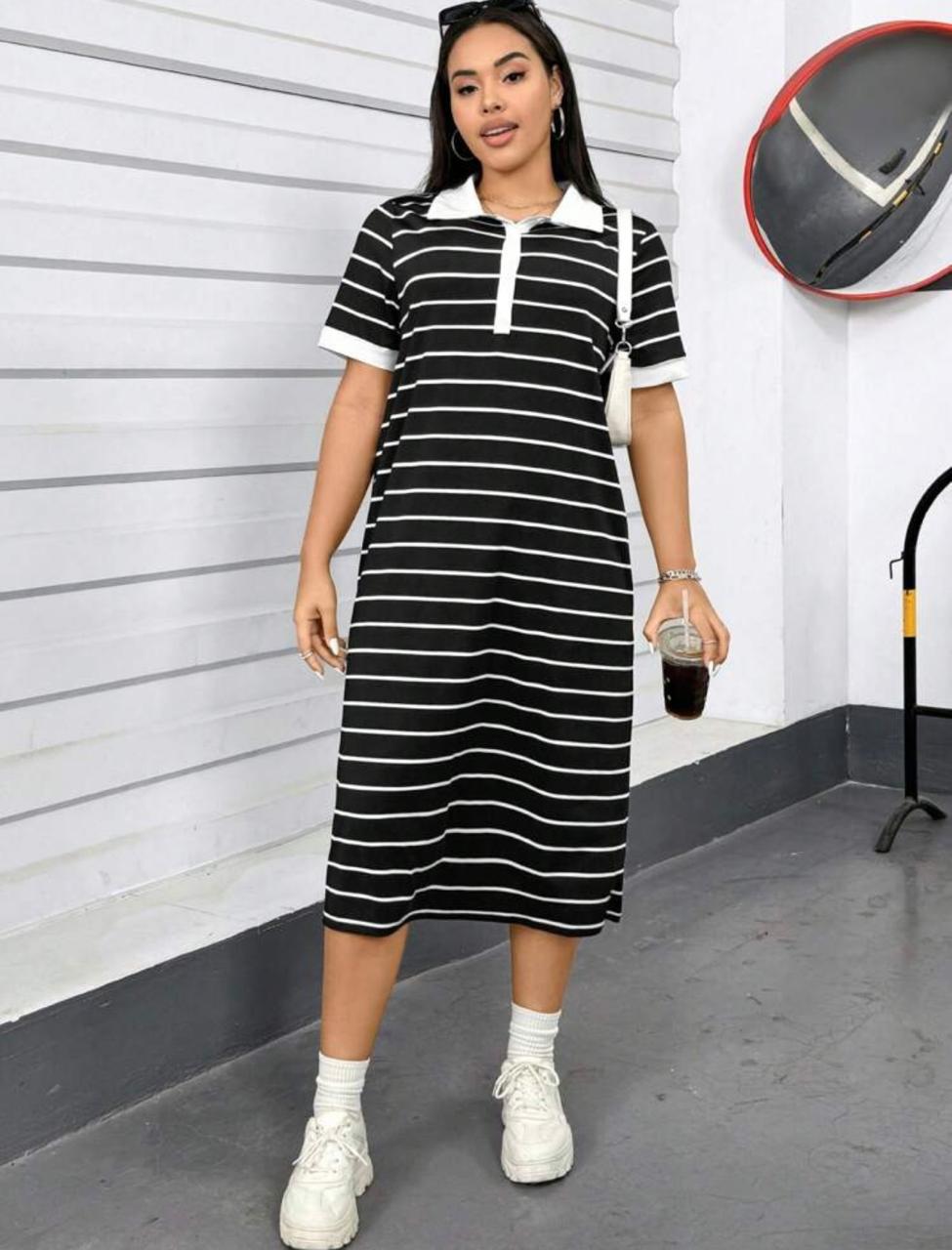 Plus Size Striped Polo Collar Dress | SHEIN Essnce