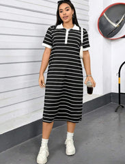 Plus Size Striped Polo Collar Dress | SHEIN Essnce