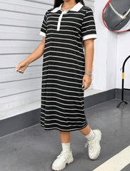 Plus Size Striped Polo Collar Dress | SHEIN Essnce