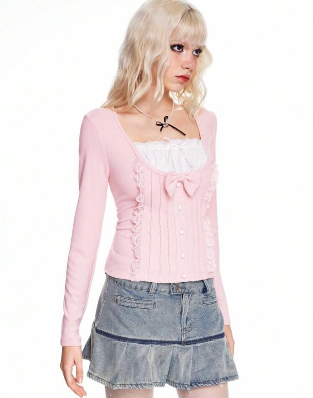 Kawaii Himekaji 2-in-1 Bow Long Sleeve T-Shirt | ROMWE Women
