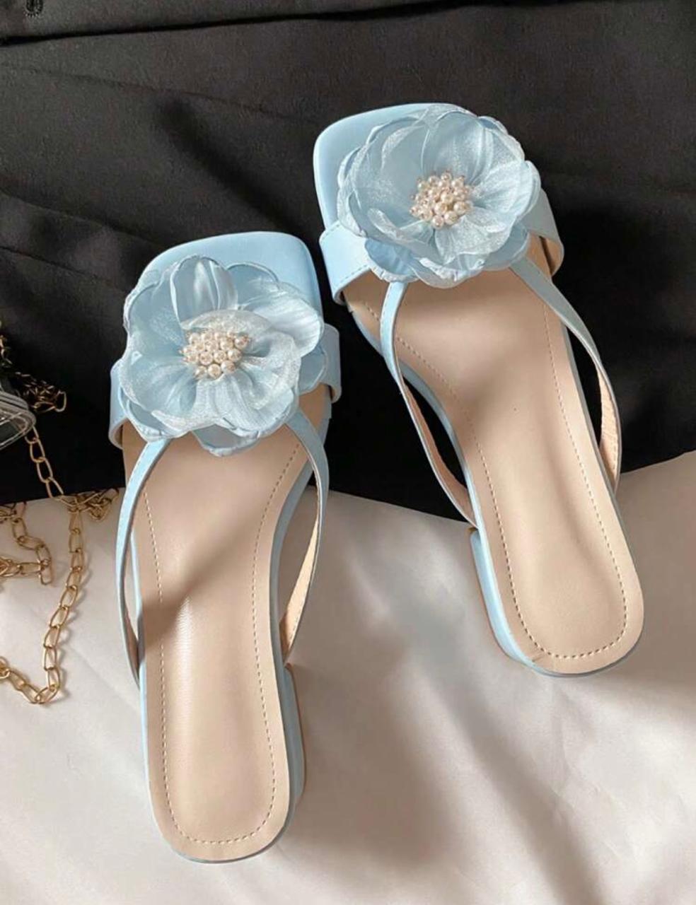Women’s Faux Pearl Floral Strap Sandals – French Thick Heel Summer Shoes